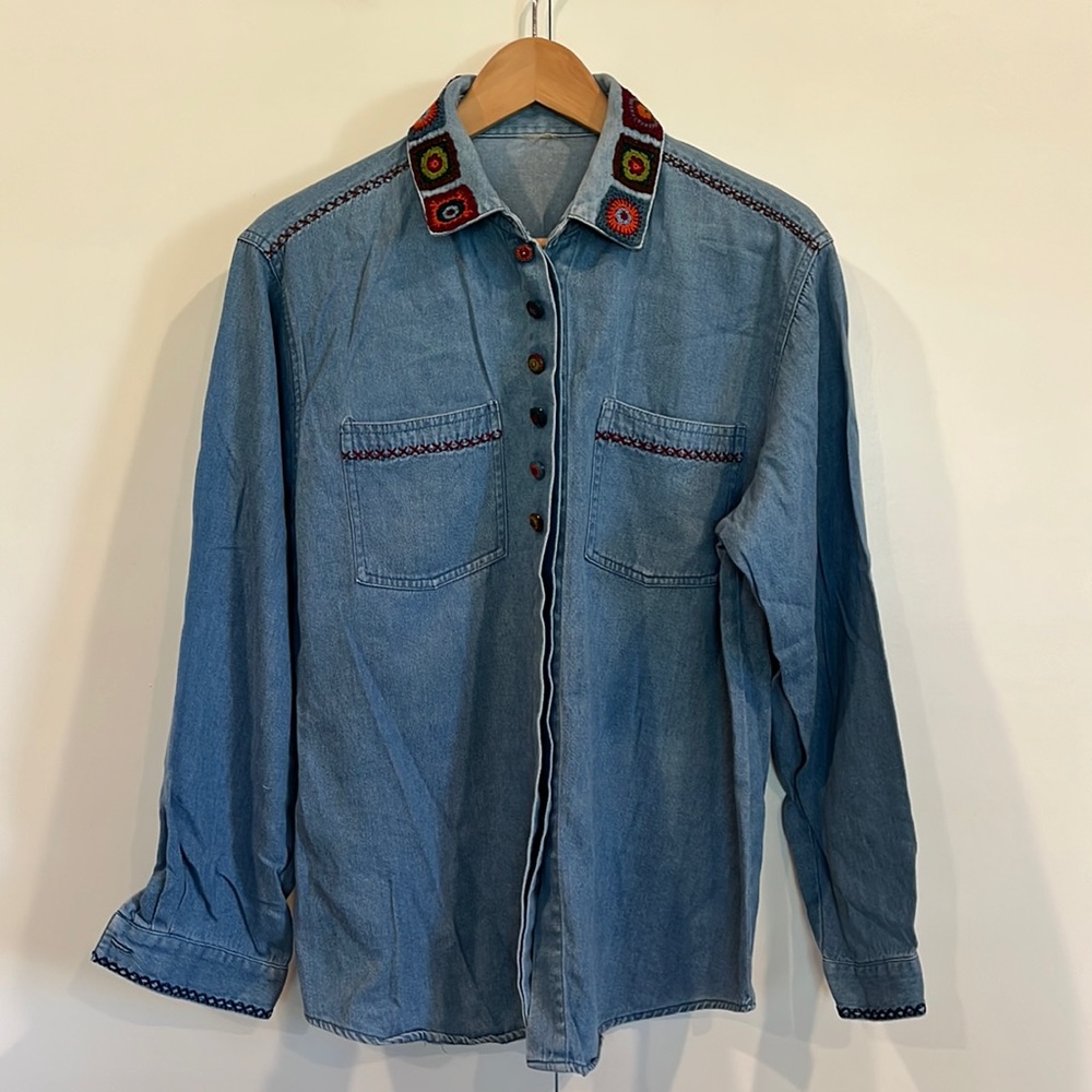 Vintage granny square crochet denim button down shirt Boho Artsy Western Medium